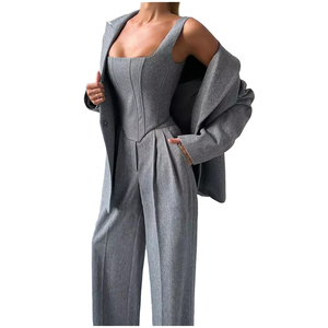 Set di <span class=keywords><strong>pantaloni</strong></span> larghi alla moda da <span class=keywords><strong>donna</strong></span> 3 pezzi elegante cintura a maniche lunghe canotta con <span class=keywords><strong>pantaloni</strong></span> larghi a vita alta - Product Image 1