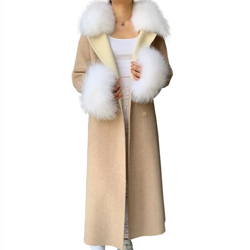 Toptan Çıkarılabilir Gerçek Kürk Manşet ve Yaka Uzun Kaşmir ve Yün Ceket Kadın alpaka yünü Ceket Bayan için