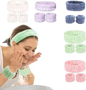 Conjunto de bandana e tiras de pulso para spa, 3 peças, faixa de flanela elástica para cuidados com a pele, com pulseiras altamente absorventes