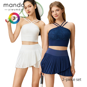 Set Tenis Wanita 2-Potong Atasan Crop Tali Silang Berenda dan Rok Lipit Set Pakaian Olahraga Bernapas untuk Gym & Acara Santai - Product Image 1