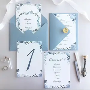 Cartão de convite do casamento do bebê azul personalizado impressão com envelope e selo da cera