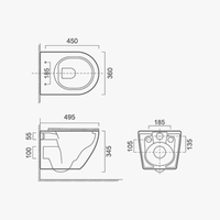 WC suspendu en céramique bleu ciel sans rebord de 180 mm avec siphon en P pour salle de bain