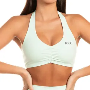 Oem Custom Logo Gym Fitness Workout Yoga Crop Top Snelle Droge Effen Halter Nek Sportbeha Voor Vrouwen