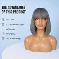 Perruque grise pour femme Frank Hair, densité 350%, coupe pixie courte et droite avec frange, vente en gros, prix usine, 100% cheveux humains