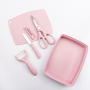 Erami Knife Set 5 Piece Pink Cutting Board With Peeler Scissors For Kitchen Use - Product Image 4