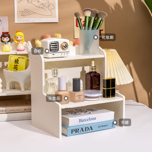 Organisateur de bureau double couche rectangulaire sur pied à 2 niveaux pour bureau et dortoir, boîte de rangement avec garniture décorative - Product Image 2
