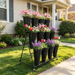 3 <strong>Tier</strong> Metal <strong>Plant</strong> Display <strong>Stand</strong> with Buckets for Flowers and Garden Decor - Product Image 1