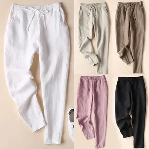 Damen Baumwoll Leinen hose Dünne Hose Einfarbig Frühling Sommer Mittel taillierte Casual Pencil Pants 5XL