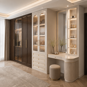 Armoire de luxe moderne sur mesure en bois bicolore avec coiffeuse et miroir arqué LED en verre cannelé pour <span class=keywords><strong>chambre</strong></span> à coucher - Product Image 2