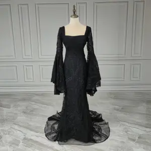 Vestido de noiva boho de manga comprida, vestido de noiva de renda preto, gola quadrada, costas abertas, alta qualidade, para mulheres, vestidos de noite, 2024