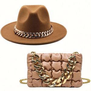 Custom Wholesale Vintage British Style Lady Wide <b>Flat</b> Brim Wool Panama Fedora <b>Hat</b> and Purse Fedora <b>Hat</b> With Chains - Product Image 1