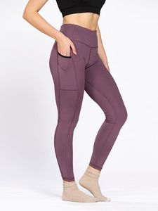 Leggings de sport confortables pour femmes en Lycra rose oignon uni, avec poche pour téléphone portable, longueur cheville, extensibles, pour la gym - Product Image 2