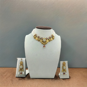 Traditional Gold Temple Choker Necklace <b>Set</b> with White <b>Beads</b> Pink Stones and Pearl Drop Earrings Bridal Jewelry - Product Image 4