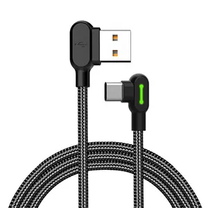 90 도 직각 마이크로 USB 케이블 Led 라이트 엘보 나일론 꼰 유형 c 휴대 전화 용 고속 동기화 충전 코드
