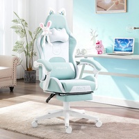 Chaise de gaming ergonomique rose avec oreilles de chat, dossier haut, repose-pieds rétractable, appui-tête pivotant, support lombaire, base cinq étoiles et roulettes pour filles
