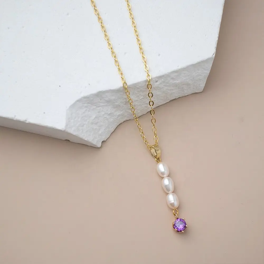 Fashion Jewelry Purple Diamond Pendant Natural Freshwater Pearl Necklace Elegant Women Gold Jewelry Gift