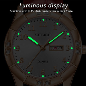 Reloj de Cuarzo para Mujer Sanda 9096, Estilo Moderno, Resistente al Agua, con Diamantes, Doble Calendario, Correa de Cuero - Product Image 6
