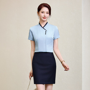 Hotel Uniform Short Sleeve Shirt With Skirt Blue Polyester Cotton Summer 2025 Workwear For Receptionist Flight Attendant - Product Image 1