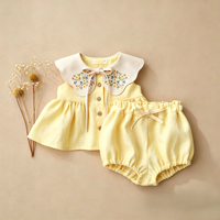 Kedatangan Baru 2026 Grosir Butik Pakaian Bayi Musim Panas Katun dan Linen Setelan Tanpa Lengan Bordir Lemon untuk Anak Perempuan