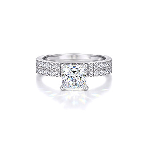 S925 Sterling <b>Silver</b> Rhodium Plated Women's Prong Setting Princess Cut Artificial Mossanite Diamond Engagement Wedding <b>Ring</b> Set - Product Image 1