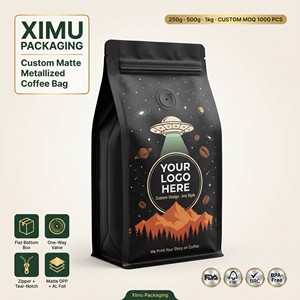 Bolsa <span class=keywords><strong>de</strong></span> Café <span class=keywords><strong>de</strong></span> Lujo con Fondo Plano, Válvula y Cierre, Sellado <span class=keywords><strong>de</strong></span> 8 Lados, Impresión Personalizada, Grado Alimenticio, a Prueba <span class=keywords><strong>de</strong></span> Humedad, 1lb 16oz, para Granos Enteros - Product Image 1