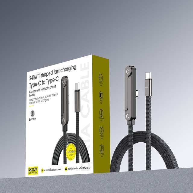240W 65W PD Stand Fast Charging Cable with 360 Adjustable Stand 2 in 1 Invisible  Holder for Gaming Phone Tablet  Laptops 1.5m