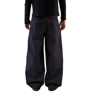 Custom Indigo Dark Washed Wide Leg Metal Rivets Studded <b>Jeans</b> Loose Baggy Fit Denim <b>Trousers</b> for <b>Men</b> - Product Image 5