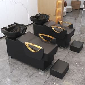 Fauteuil de lavage noir et or, station de lavage des cheveux inclinable avec lavabo en céramique pour salon - Product Image 1