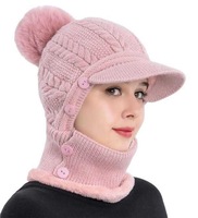 Bonnet tricoté torsadé pour femme avec masque facial amovible et cache-cou, bonnet d'hiver à pompon avec visière
