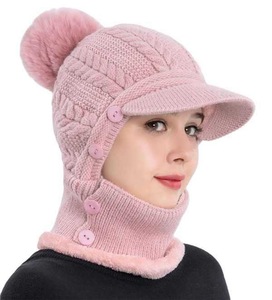 Bonnet tricoté torsadé pour femme avec <span class=keywords><strong>masque</strong></span> facial amovible et cache-cou, bonnet d'hiver à pompon avec visière - Product Image 2