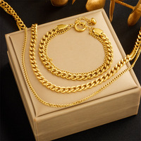 Ensemble collier et bracelet double couche Cuban Link en acier inoxydable plaqué or, bijoux vintage pour femmes, vente en gros