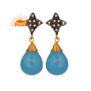 Trendy Style Yellow Gold Plated 925 Silver Earrings Supplier Jewelry CZ Blue Chalcedony Gemstone Drop Earrings - Product Image 1