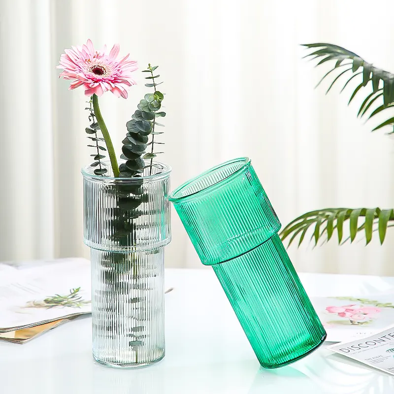 New Design Clear Green Grey Color Ribbed Bud Vase Large Wide Mouth Vertical Stripe Cylinder Shape Flower Glass Vase