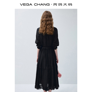 VEGA CHANG <strong>Ladies</strong> Double Ruffle Collar Midi Dress Long Bubble Sleeve V Neck Tiered Skirt Elastic Waist Flowy Ruffle Hem - Product Image 3