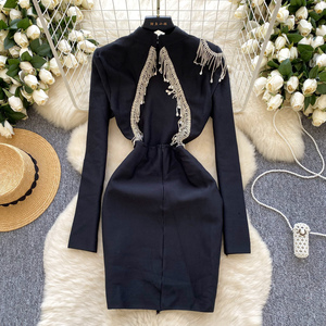 Túnica Sexy de invierno, vestido Midi informal ajustado para mujer, manga larga, diamantes, ahueca hacia fuera, sin espalda, borla, encaje, Vestidos rojos <span class=keywords><strong>Bla</strong></span> - Product Image 3