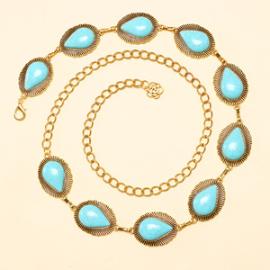 โซ่คาดเอวสไตล์โบฮีเมียนประดับเทอร์ควอยซ์เทียมรูปหยดน้ำ ทำจากโลหะผสมสังกะสี สำหรับผู้หญิง สไตล์ลำลองแบบชาติพันธุ์ - Product Image 3