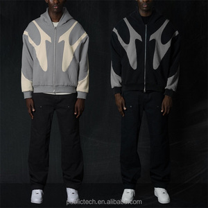 Pull à capuche en coton 100% avec fermeture à glissière bidirectionnelle surdimensionné deux tons double fermeture éclair patchwork à capuche pour hommes - Product Image 4