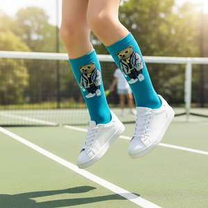 Blue Bear Patterned Long Tennis <b>Socks</b> for Girls Breathable Nylon Crew Length with Custom Logo for Daily Use and Summer Season - Product Image 3