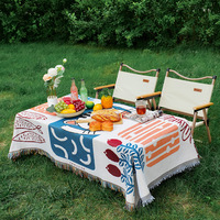 Tapis de pique-nique bohème en coton et lin avec nappe intégrée pour tables d'extérieur et couverture décorative pour stand de rue