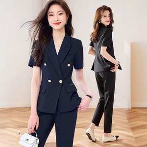 Women's Short Sleeve Suit Set Summer Thin Style Elegant Workwear Professional Manager Uniform Breathable Polyester Fabric - Product Image 1