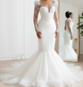 S0845Y 2026 Nuovo Abito <span class=keywords><strong>da</strong></span> <span class=keywords><strong>Sposa</strong></span> Africano di Lusso con Scollo a V, Strascico a Coda di Pesce, Maniche Lunghe e Paillettes, <span class=keywords><strong>Taglie</strong></span> <span class=keywords><strong>Forti</strong></span> - Product Image 2