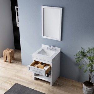 Modern White <b>Small</b> Bathroom <b>Vanity</b> with Frame <b>Mirror</b> Freestanding Cabinet Carrara Marble Top 1 Drawer Open Storage Sink Cabinet - Product Image 2