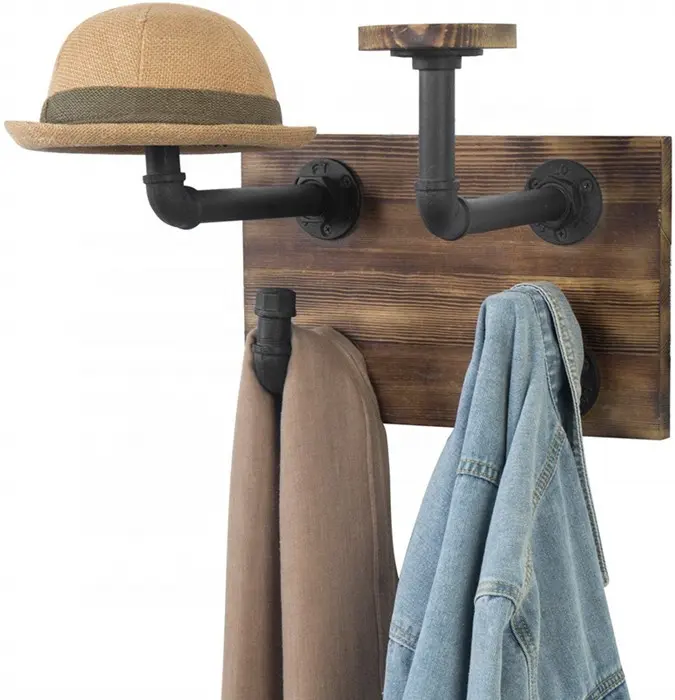 Kustom Rustic Dinding Dipasang Kayu dan Industri Pipa Topi Rak Pemegang Pakaian Mantel Rak dengan Kait