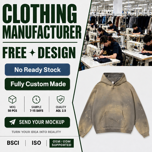 Sudadera con capucha extragrande de algodón polar personalizada para fabricantes de ropa, con efecto desgastado por el sol, salpicaduras de pintura y detalles rasgados. - Product Image 1