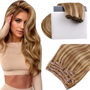 Rambut <span class=keywords><strong>Clip</strong></span> in Luxsea Seamless Balayage Cokelat Coklat hingga Pirang Karamel, PU Skin Weft, Rambut Virgin Cina - Product Image 1