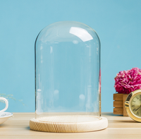 Cloche en verre soufflé à la main, transparente, 15*25cm, avec motif de fée musicale et de fleurs, avec base en bois