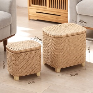 Wholesale Handwoven Rattan <strong>Storage</strong> Ottoman <strong>Bench</strong> with Lid Round <strong>Storage</strong> <strong>Basket</strong> for Bedroom Living Room - Product Image 3