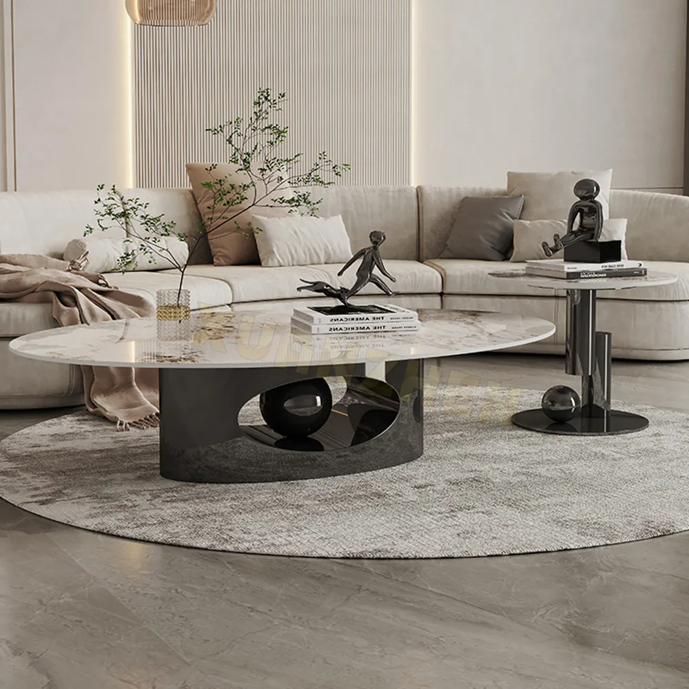 Meuble de salon en acier inoxydable, table de centre à café emboîtable de luxe ronde en verre, table basse