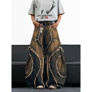 New Men's Wide Leg Jeans - Unique Distressed Patch Design, Vintage Wash Effect, Suitable for Streetwear and Y2K Fashion Trends - Product Image 3