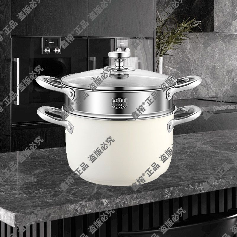 Marmite à soupe en acier inoxydable de qualité alimentaire [24 cm] avec panier vapeur.